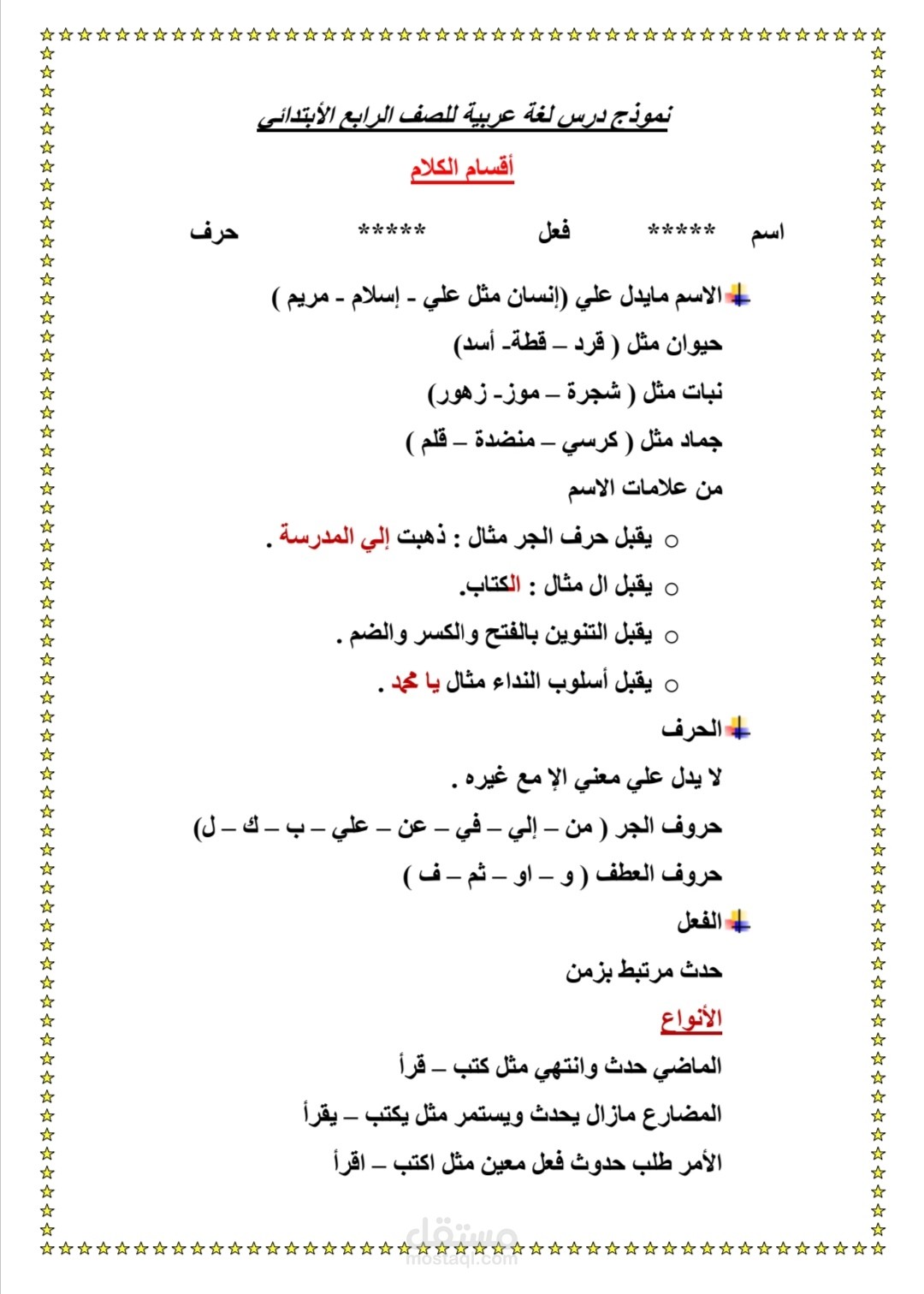 نموذج درس لغة عربية للصف الرابع الابتدائي