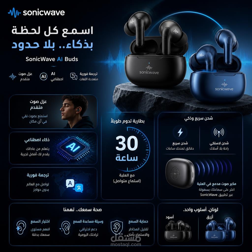 إعلان ترويجي تقني متطور لسماعات SonicWave الذكية