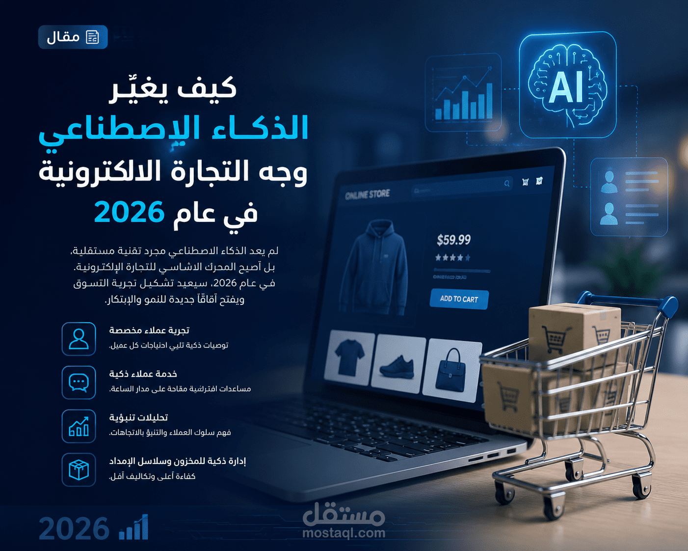 مقال  يتحدث عن كيفية تغيير الذكاء الاصطناعي وجه التجارة الالكترونية في عام 2026