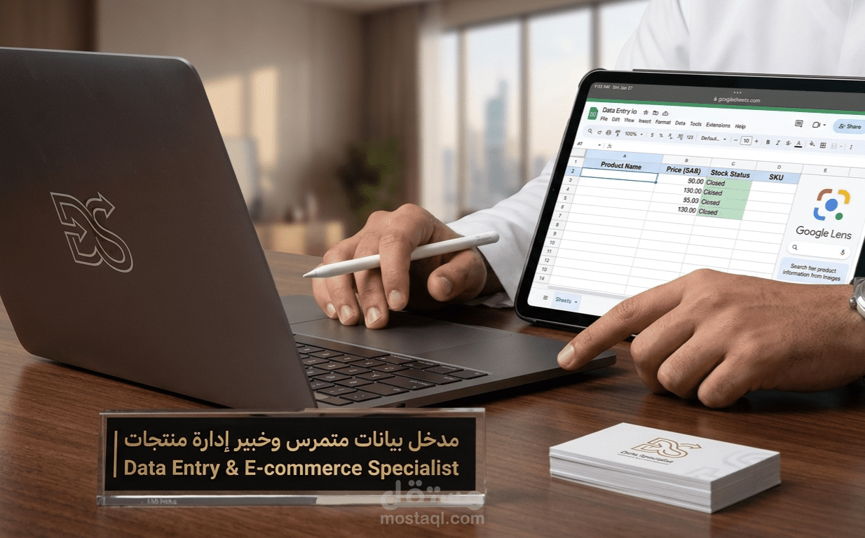 صفحة التعريف بخدمات إدخال البيانات وإدارة المتاجر.