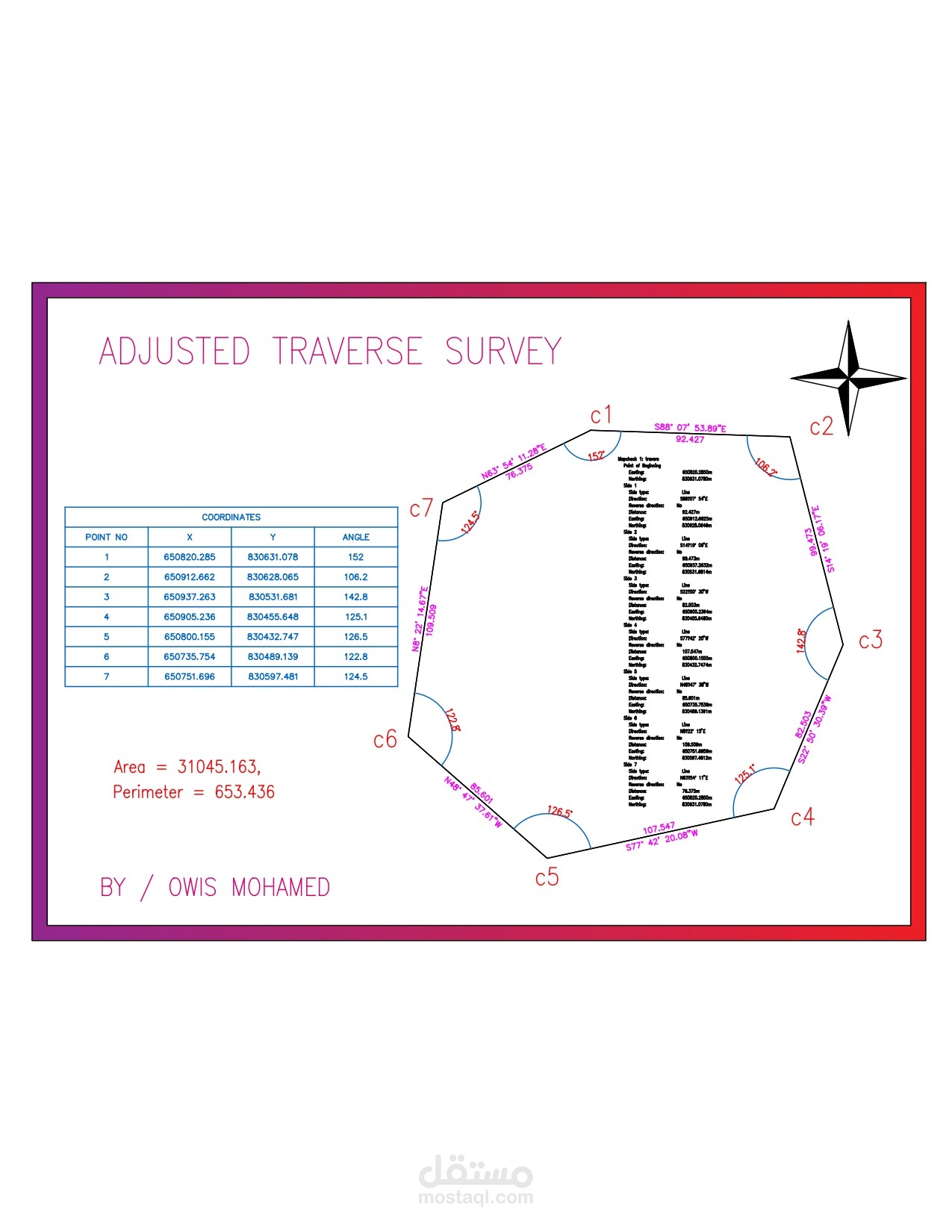 تصحيح المضلع المساحي (Traverse Adjustment) وإخراج المخطط.
