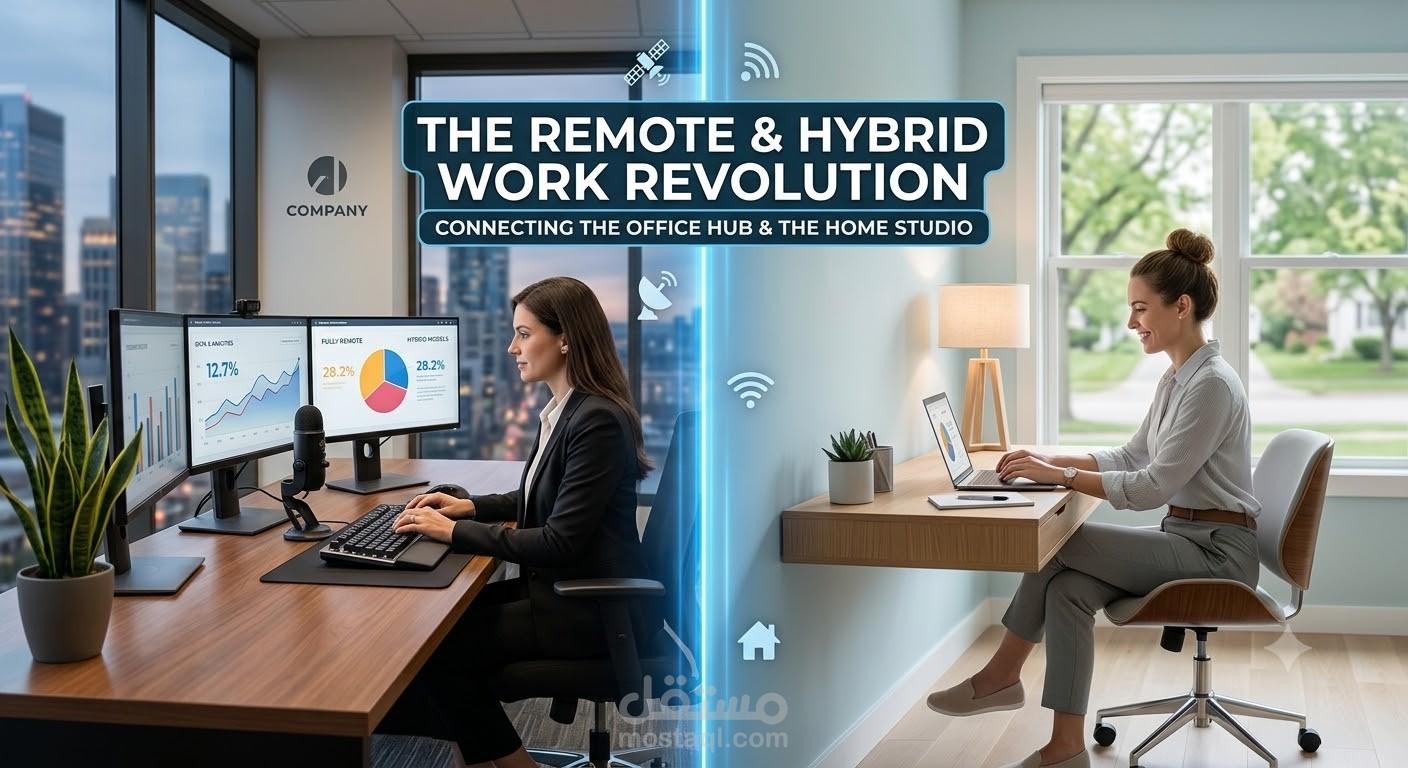تصميم عرض تقديمي احترافي عن ثورة العمل عن بُعد والهجين (The Remote & Hybrid Work Revolution)