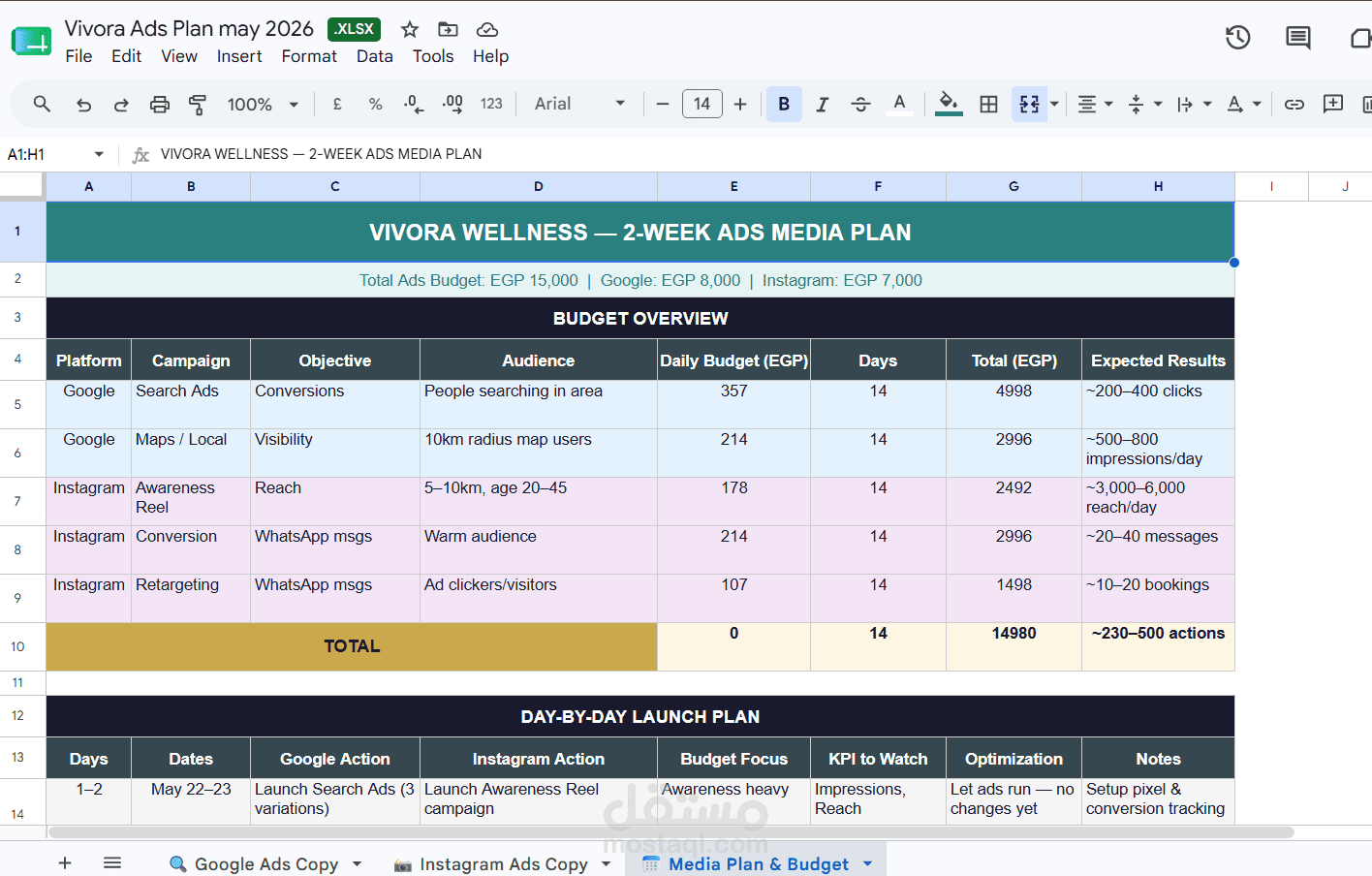 خطة إعلانات Google Ads لعيادة Vivora Wellness