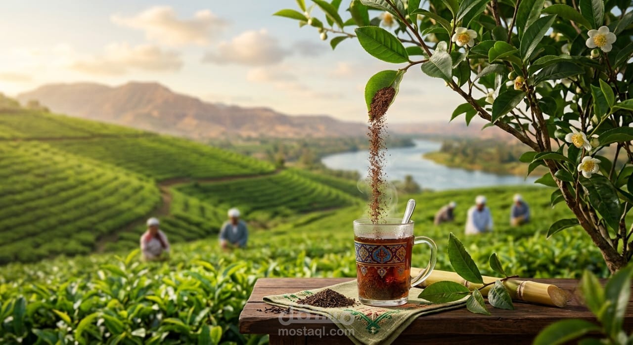 صورة مزارع الشاي وكوب الشاي