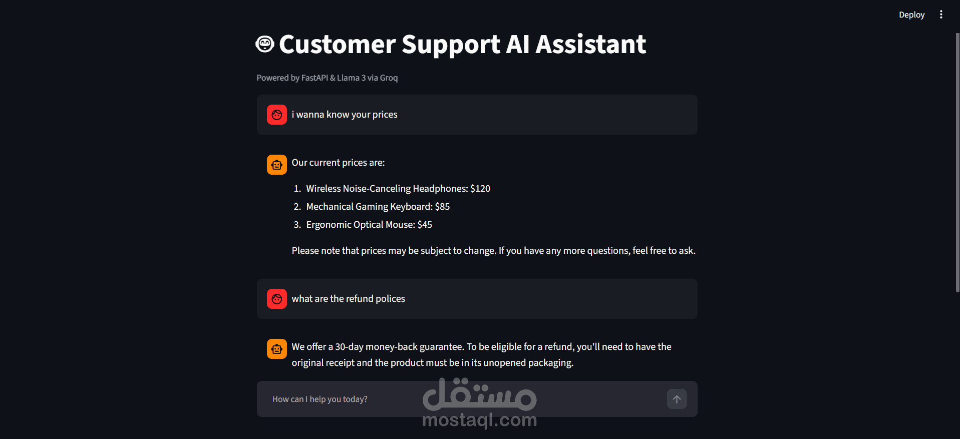 مساعد ذكاء اصطناعي لدعم العملاء والمتاجر الإلكترونية (Full-Stack AI Agent)