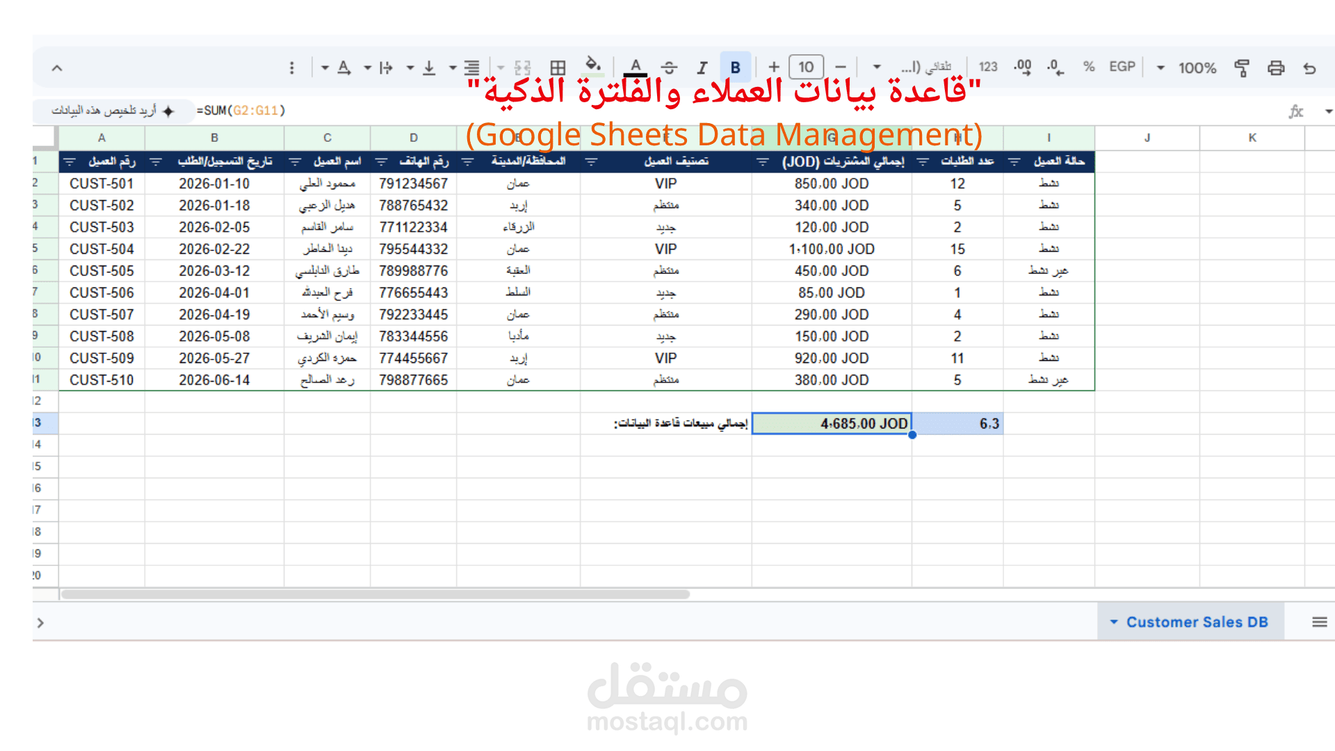 مشروع: قاعدة بيانات وإدخال بيانات عملاء ومبيعات مع الفلترة (Data Entry & Filtering System)
