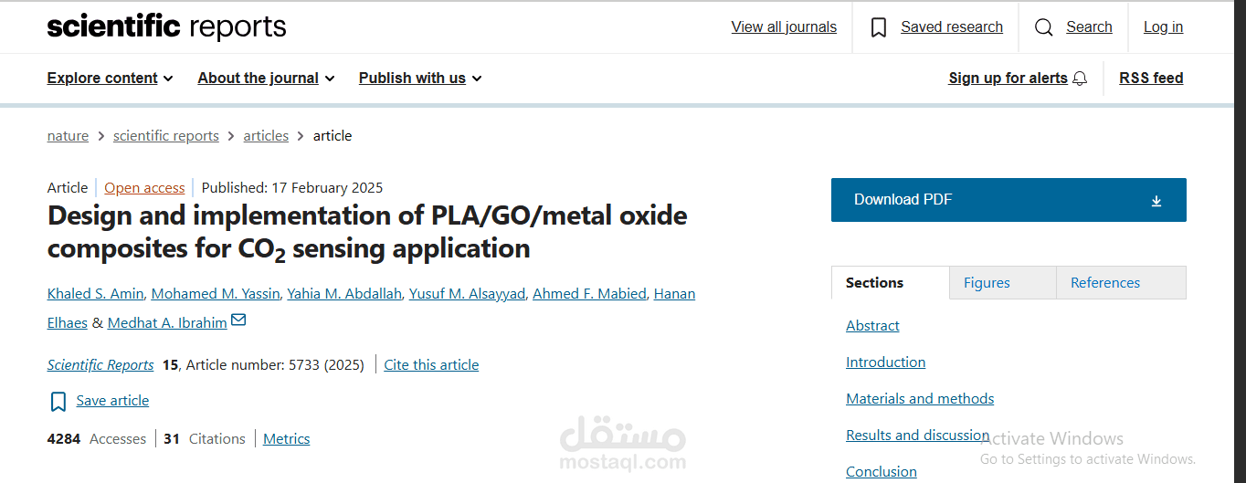 كتابة ونشر ورقة بحثية في مجلة Scientific Reports: تصميم مركبات متقدمة لاستشعار غاز CO