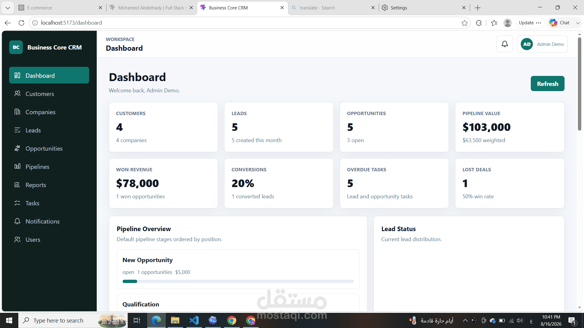 Business Core CRM | Full-Stack Laravel & React CRM System