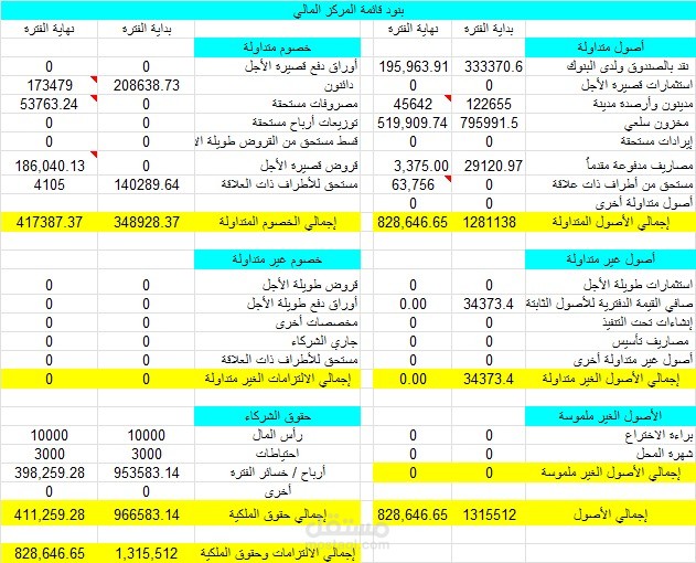 إعداد قائمة المركز المالي لمؤسسة على برنامج الاكسيل