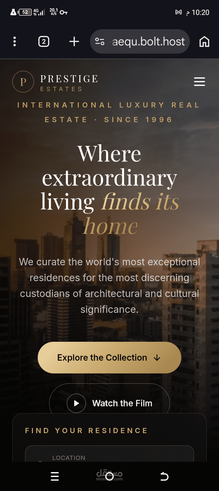 Prestige Estates - تصميم موقع عقاري فاخر لعرض وإدارة العقارات