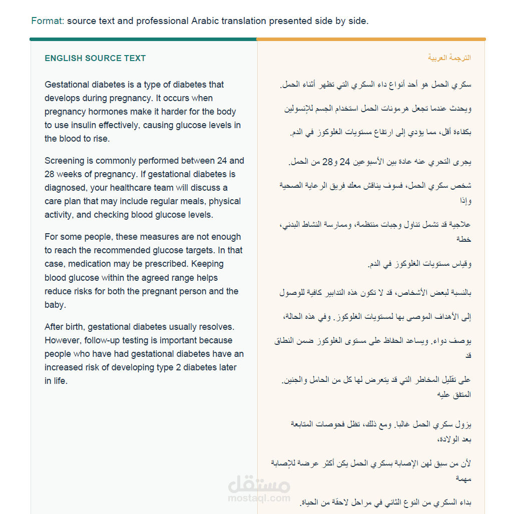نموذج ترجمة طبية : مادة تثقيفية للمرضى حول سكري الحمل (من الانجليزية الى العربية)