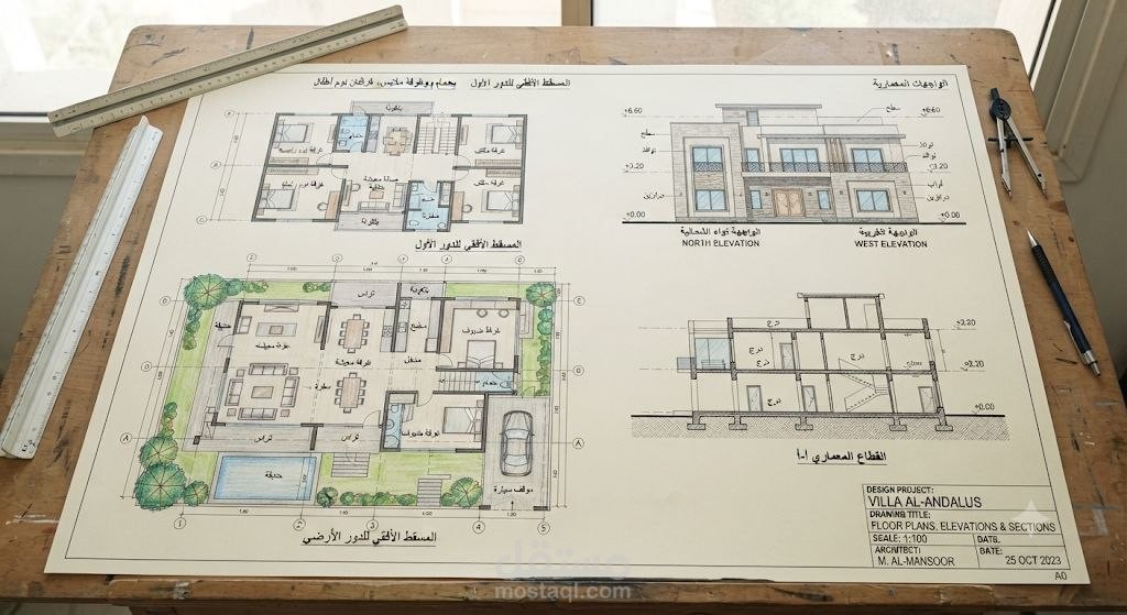 لوحة تصميم معماري متكامل لفيلا سكنية مع المساقط الأفقية والواجهات والقطاعات