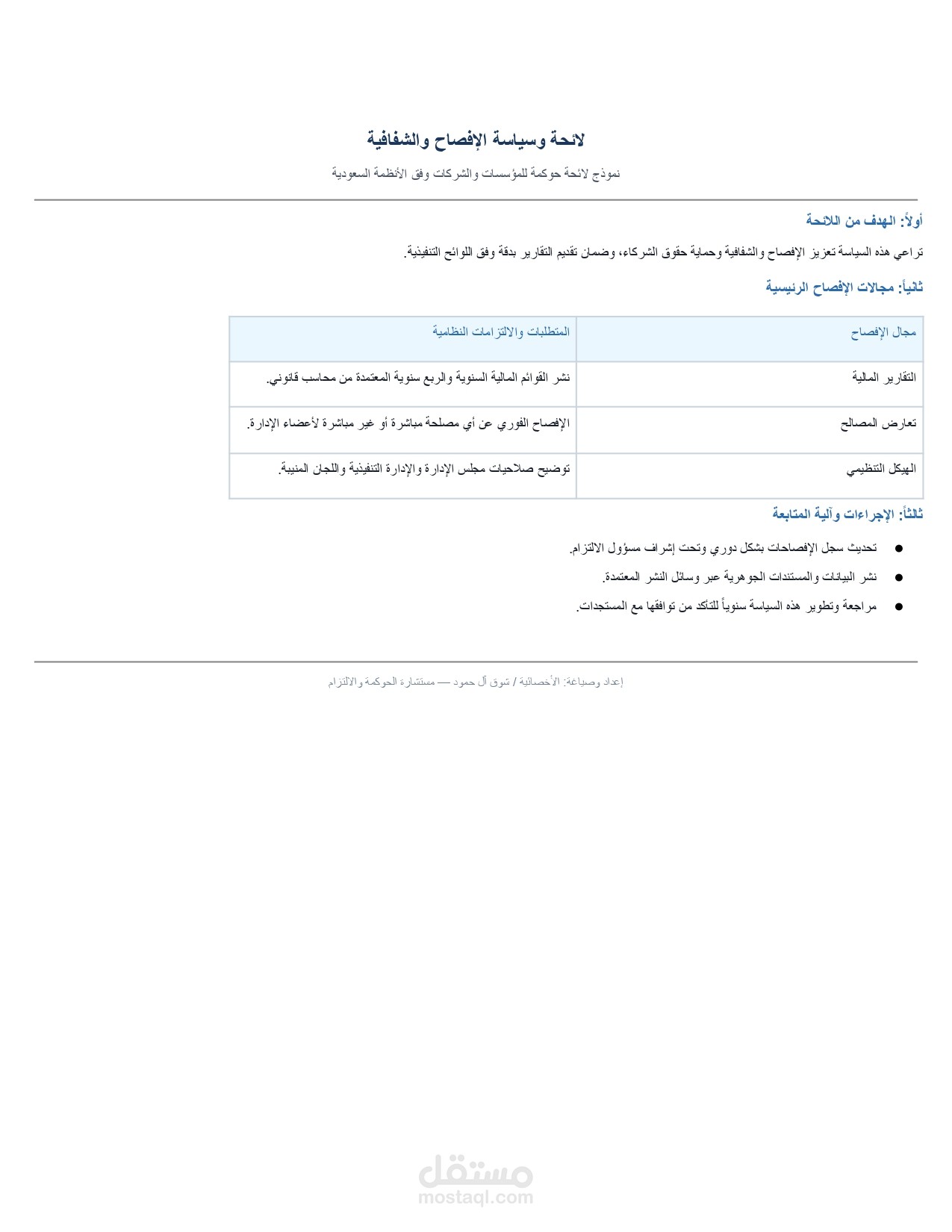 صياغة لائحة وسياسة الإفصاح والشفافية وحوكمة الشركات