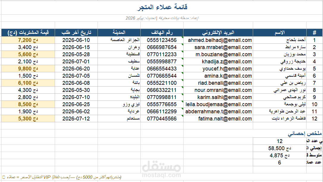 إعداد وتنظيم قاعدة بيانات عملاء  - Excel