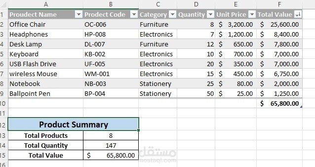 تنظيم وإدخال المنتجات باستخدام Excel