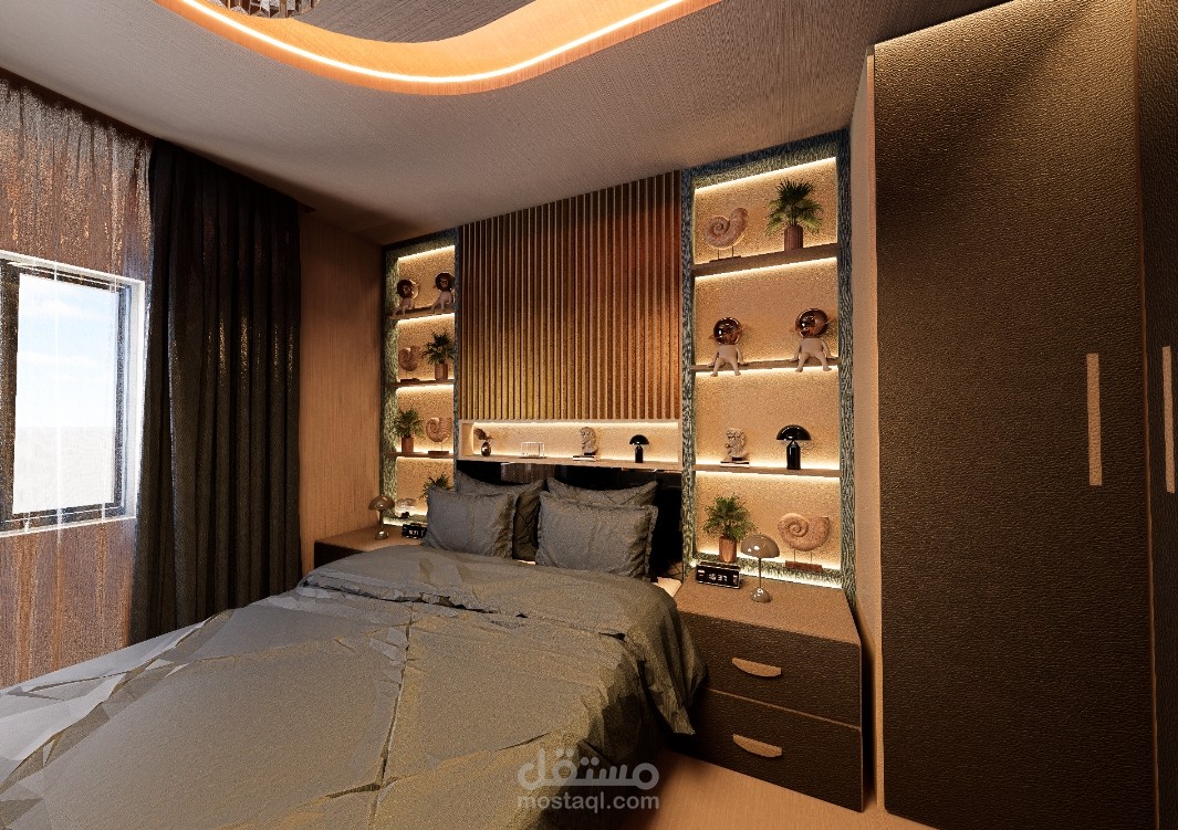 تصميم غرفة نوم مودرن بلمسات دافئة وإضاءة مخفية