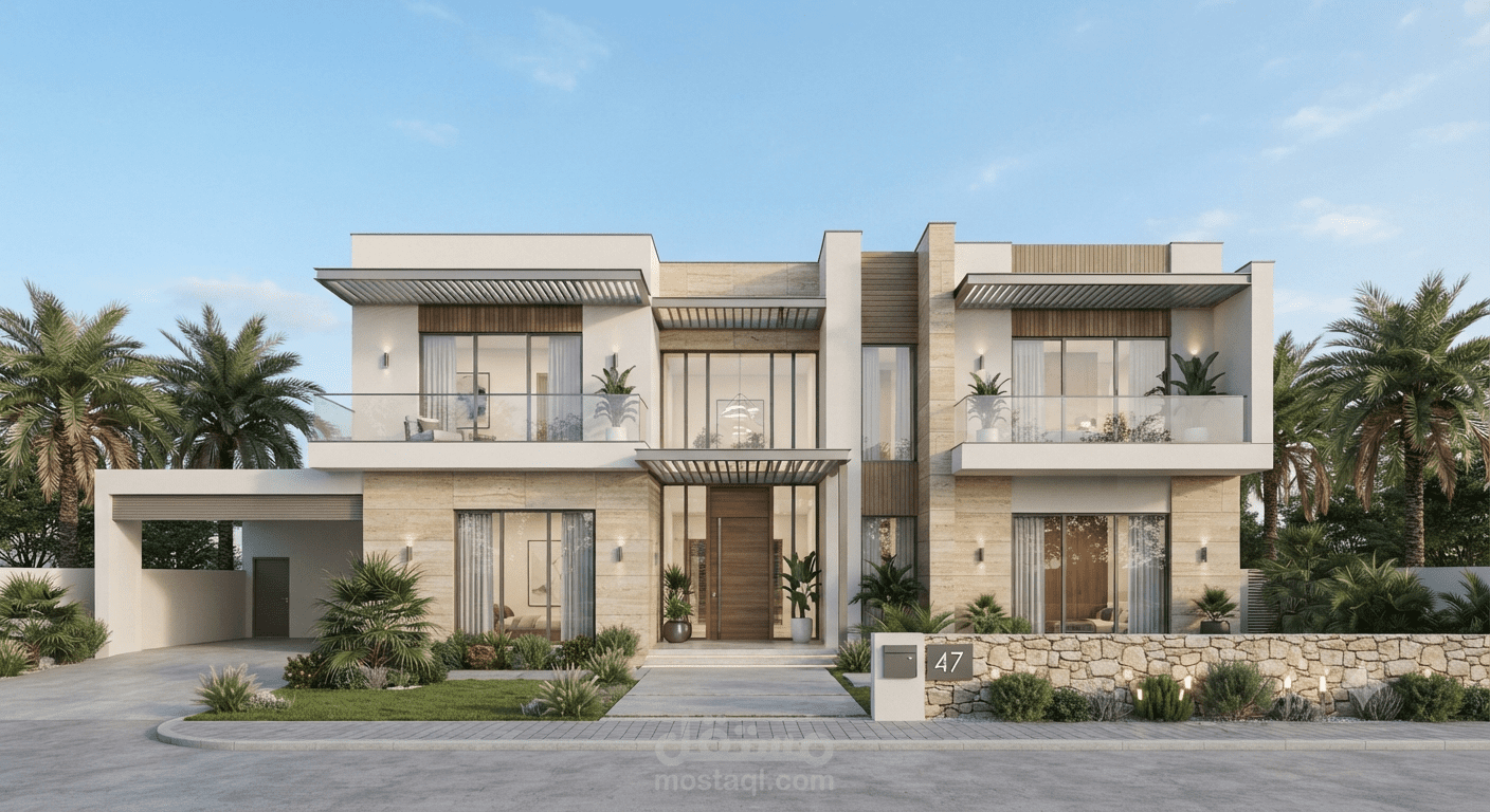 تصميم مسقط مع واجهتين لفله سكنيه حديثه