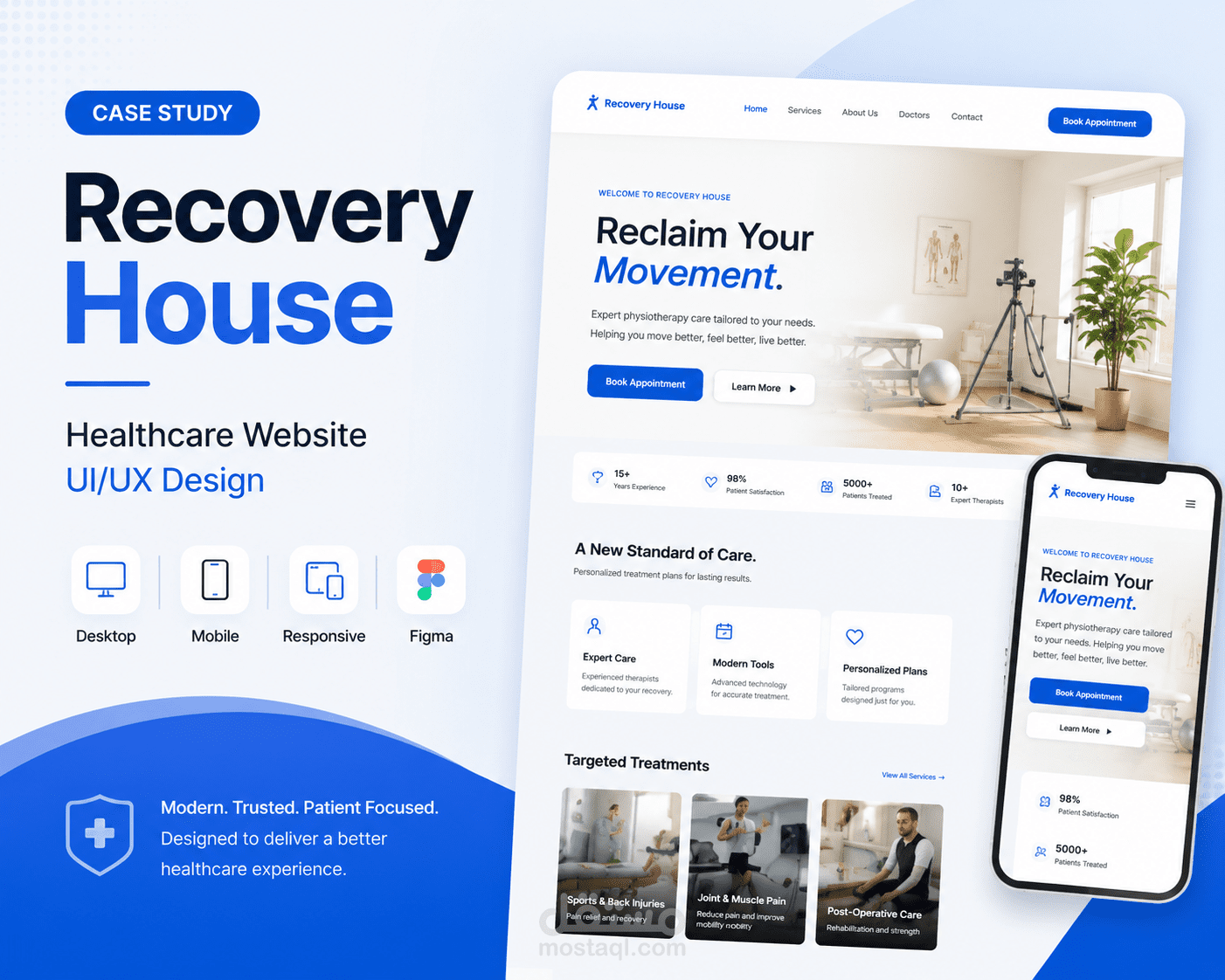 تصميم UI/UX احترافي لموقع عيادة علاج طبيعي (Recovery House Clinic)