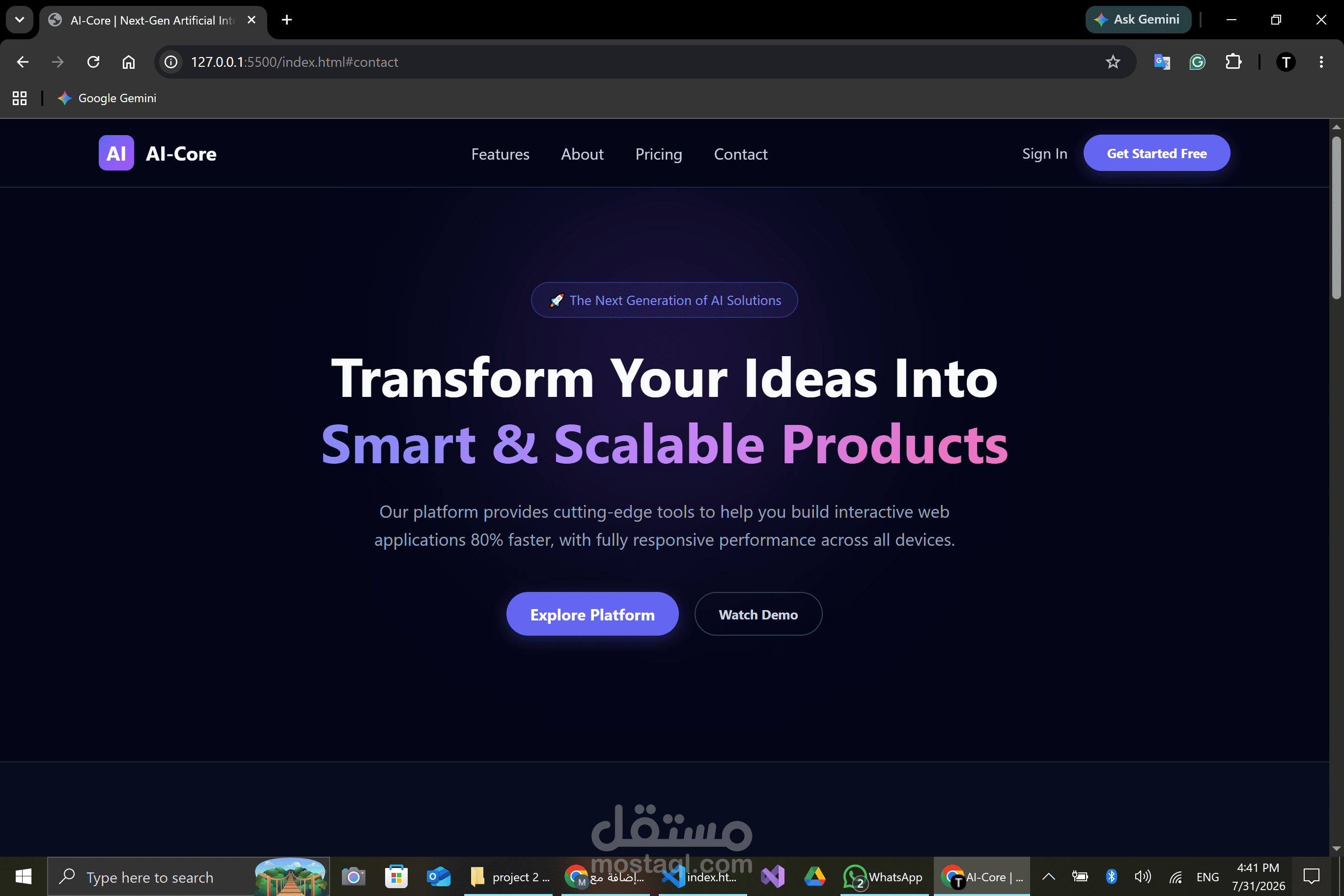 تطوير صفحة هبوط (Landing Page) عصرية ومتجاوبة لشركة تقنية باستخدام React