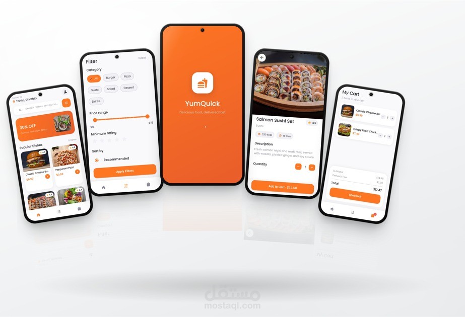 تطبيق YumQuick لتوصيل الطعام — واجهة Flutter احترافية بتصميم UI/UX متكامل