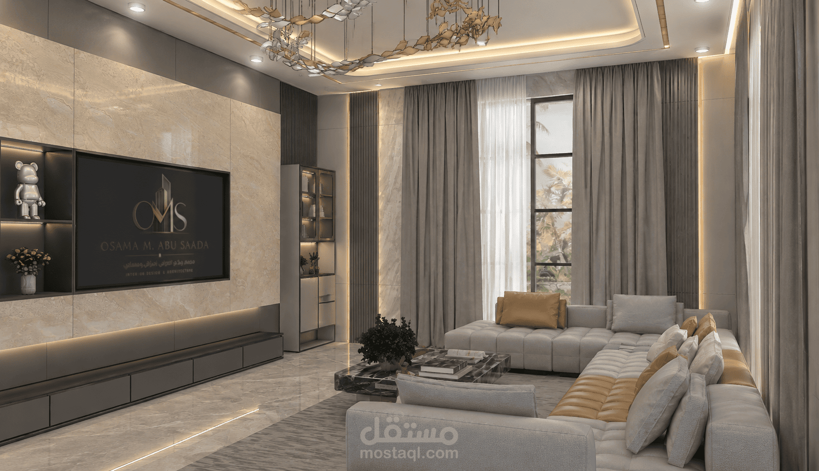 غرفة معيشة ومطبخ بتصميم مودرن بسيط