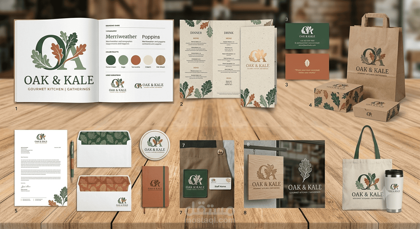 تصميم هوية بصرية كاملة لمطعم أكل صحي وعضوي (Oak & Kale)