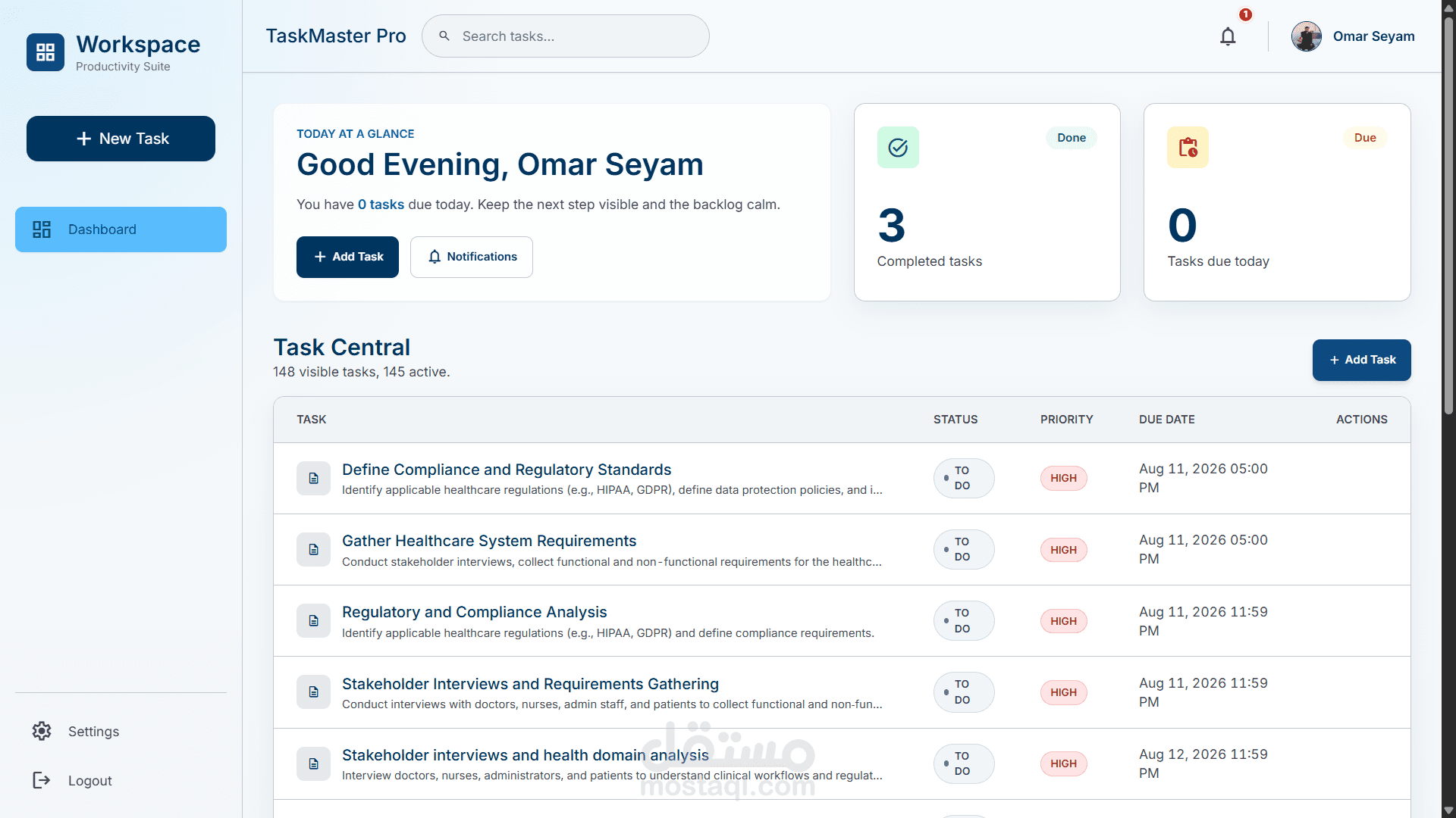 (إدارة مهام شخصية) TaskMaster Pro