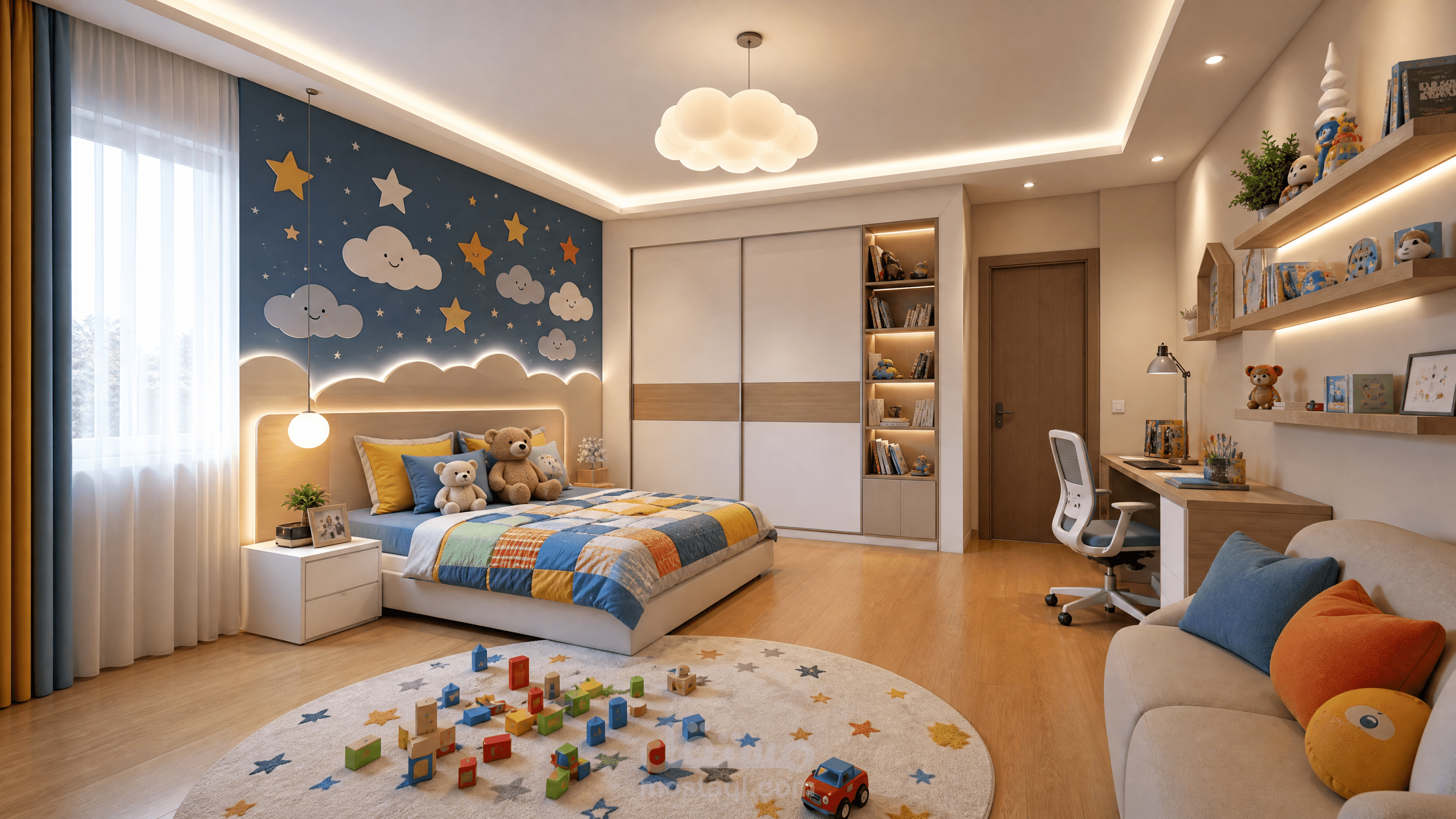 تصميم داخلي متكامل ومخطط هندسي لغرفة أطفال مودرن