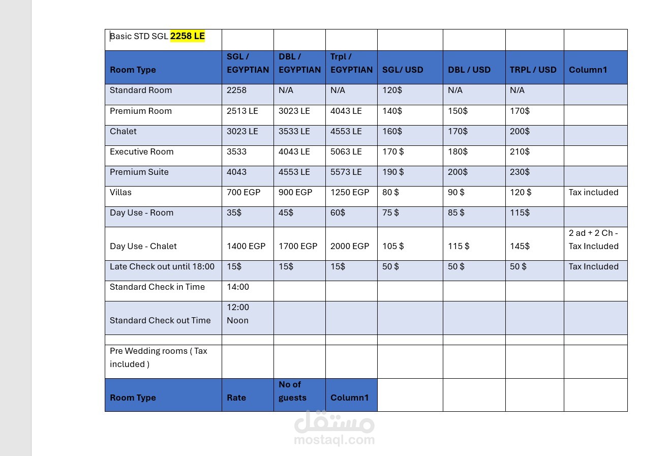 إعداد وتنظيم قوائم أسعار فندقية (Hotel Rate Sheets)