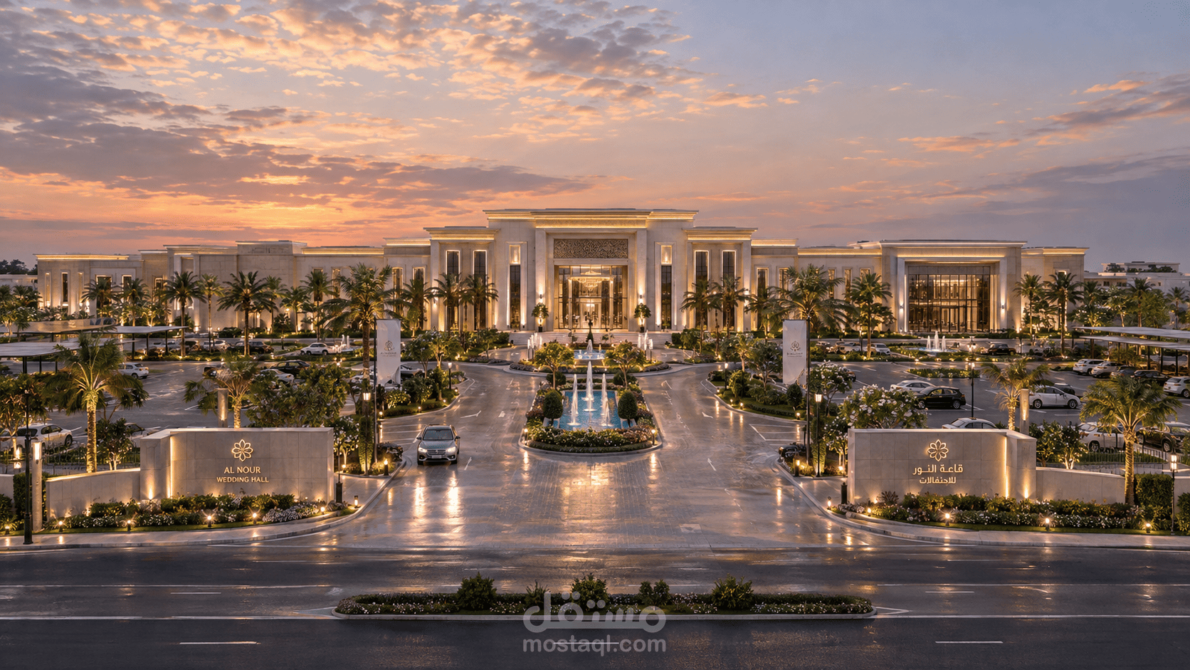 تصميم صالة أعراس فاخرة متكاملة مع اللاندسكيب والرندر الواقعي في السعوديه