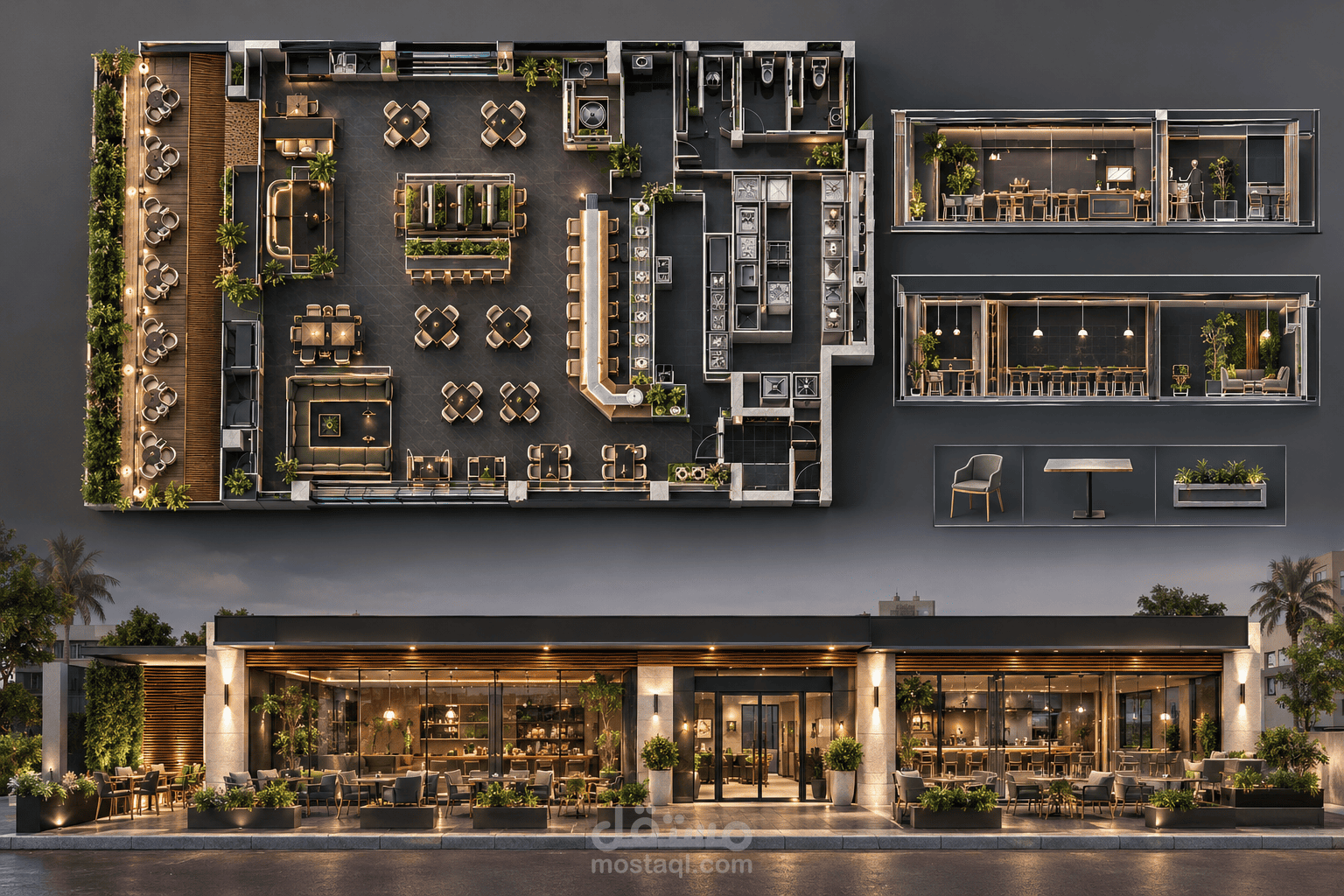 تصميم داخلي وتطوير واجهة مقهى مع إخراج معماري واقعي