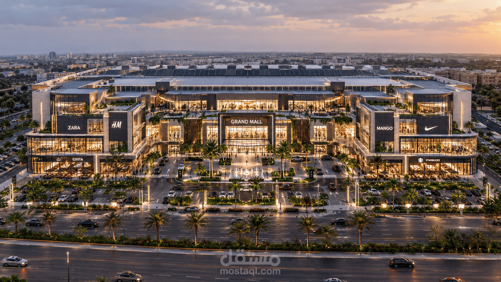 تصميم وتطوير مول تجاري كبير – مخطط أوتوكاد وريندرينج معماري واقعي، مع توزيع إحترافي للاندسكيب