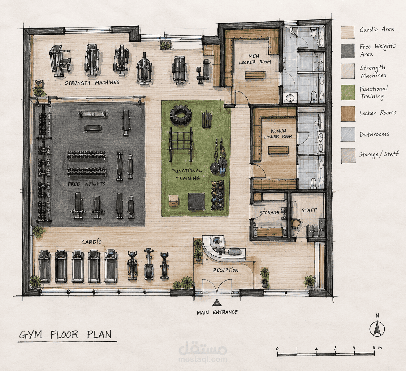 تصميم معماري متكامل لنادي رياضي GYM – مخطط 2D وريندرينغ واقعي