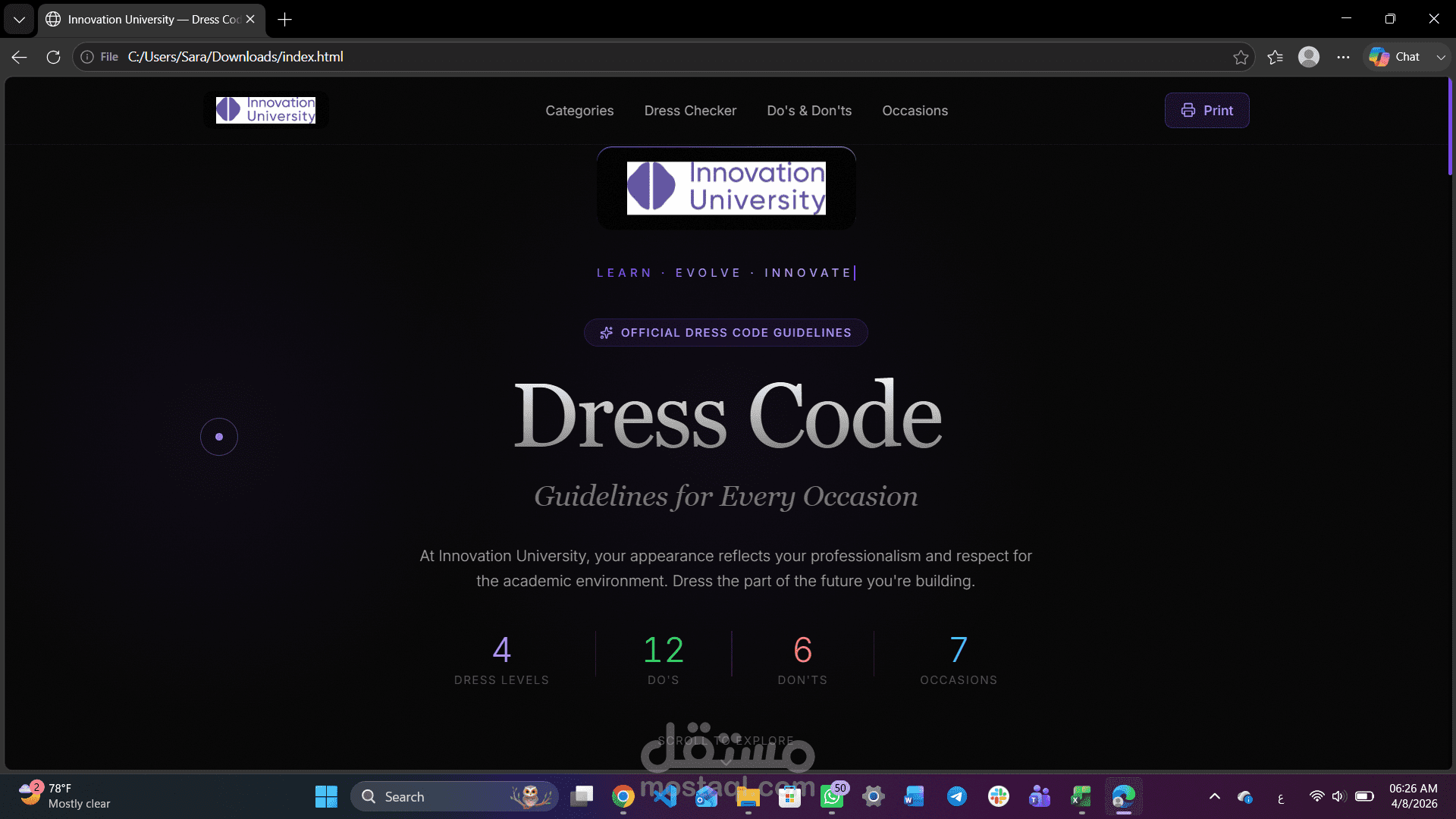 منصة ويب تفاعلية لإرشادات الزي الجامعي ورصد الالتزام (Innovation University Dress Code Platform)
