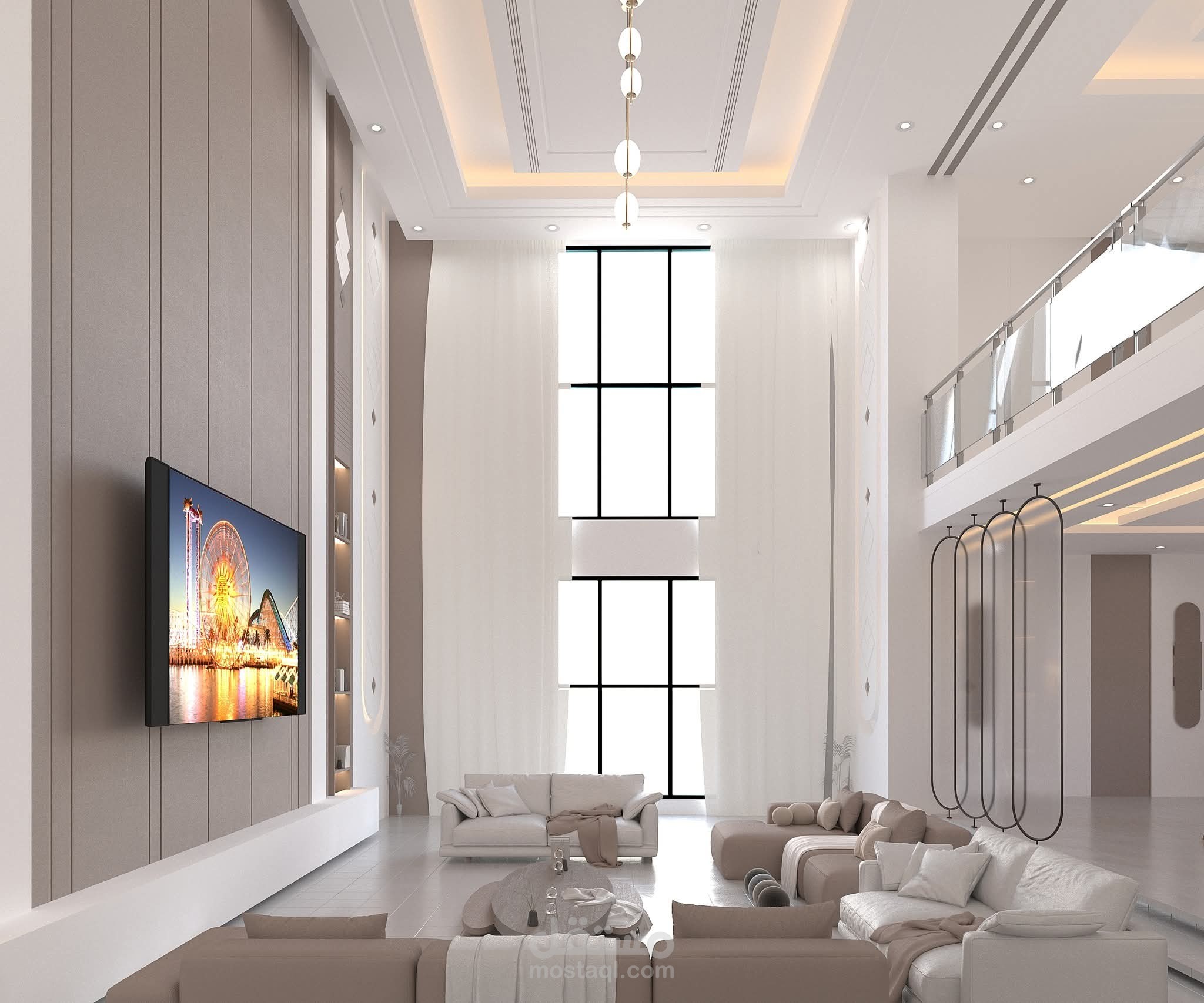 تصميم داخلي لبهو فيلا سكنيه مع صاله الطعام والمطبخ