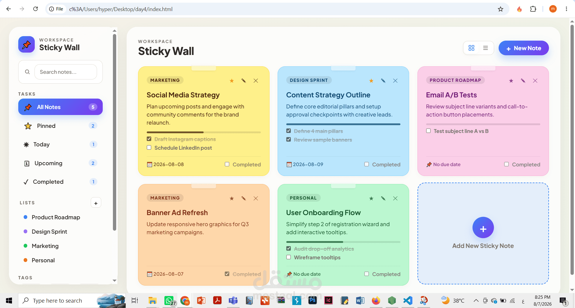 تطبيق Sticky Wall - لوحة إدارة مهام وملاحظات تفاعلية (Dark/Light Mode)