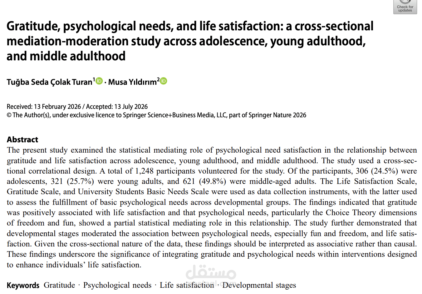 Gratitude, psychological needs, and life satisfaction: a cross-sectional mediation-moderation study across adolescence, young adulthood, and middle adulthood