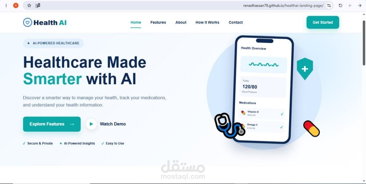 HealthAI Landing Page | تصميم وتطوير صفحة هبوط طبية متجاوبة