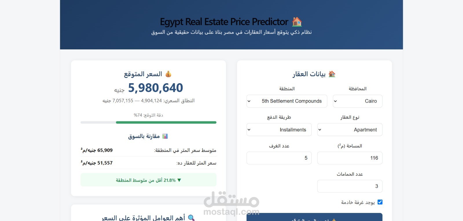 نظام ذكي لتوقع أسعار العقارات في مصر باستخدام الذكاء الاصطناعي