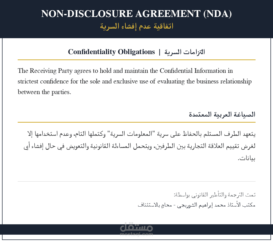 ترجمة وصياغة اتفاقية عدم إفشاء السرية (NDA) من الإنجليزية للعربية