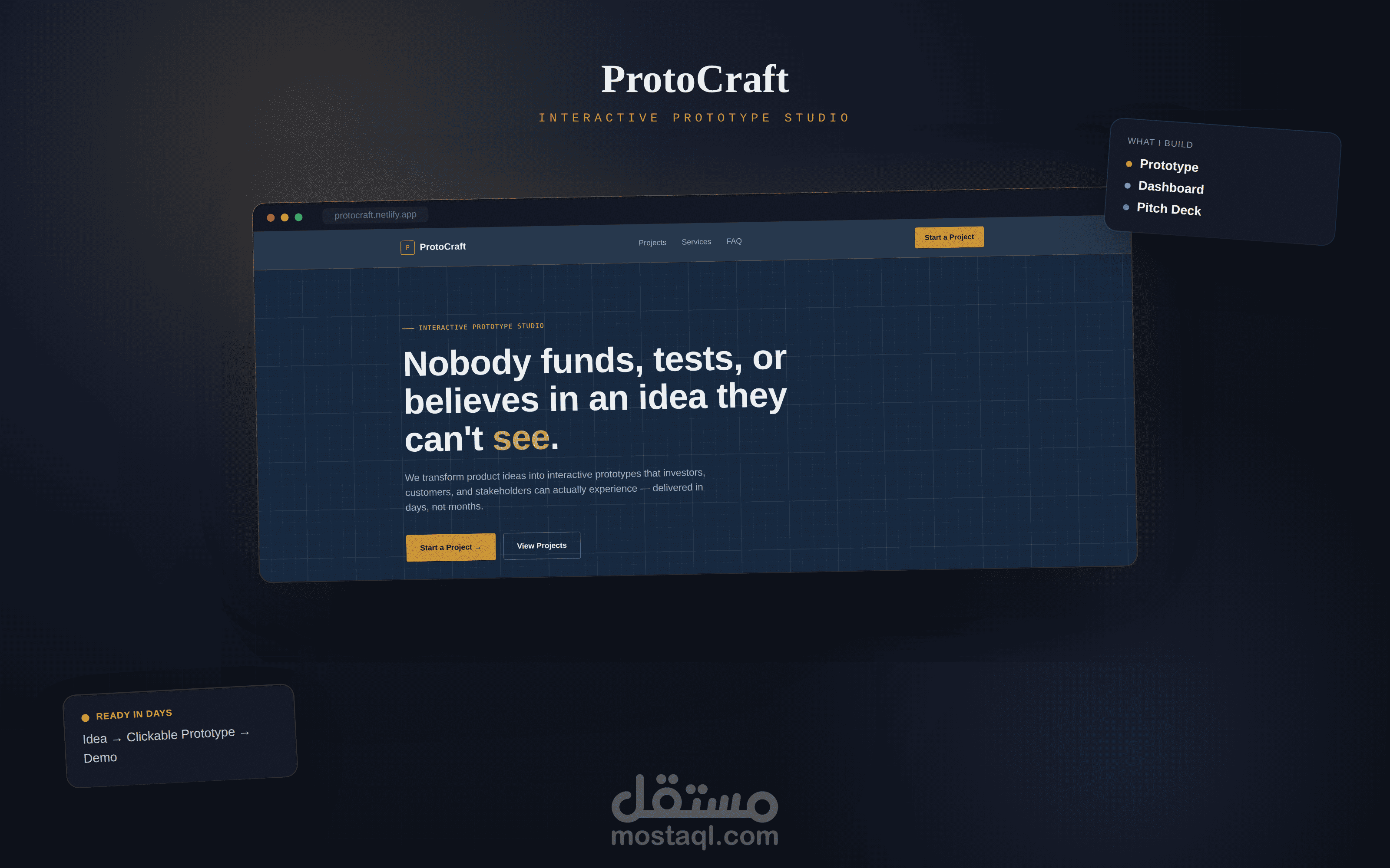ProtoCraft — معرض أعمالي: Interactive Prototypes، Dashboards، وPitch Decks