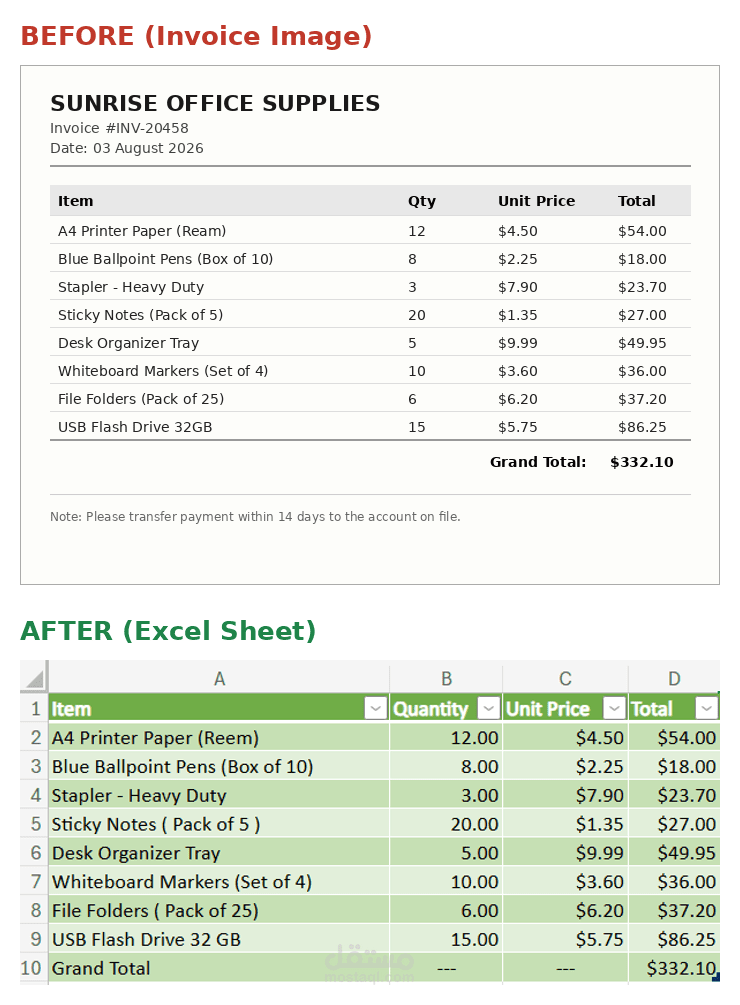 تحويل بيانات فاتورة من صورة إلى جدول Excel منظم مع حساب تلقائي