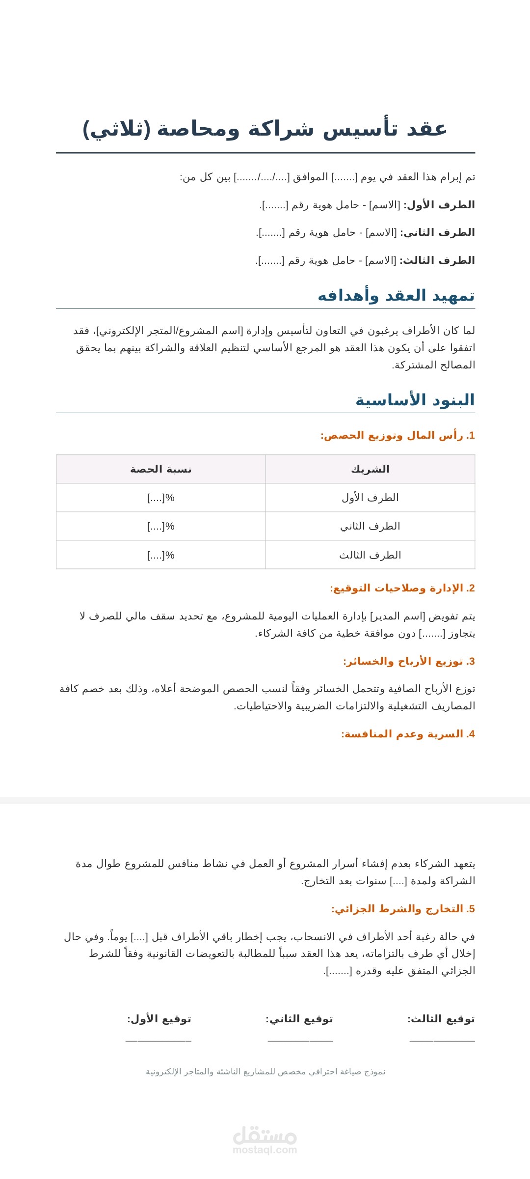 صياغة عقد تأسيس شراكة وتوزيع حصص للمشاريع والمتاجر الإلكترونية