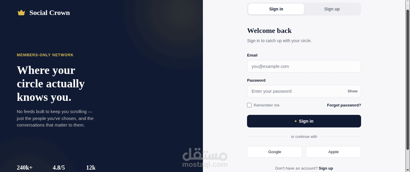 Social Crown login page