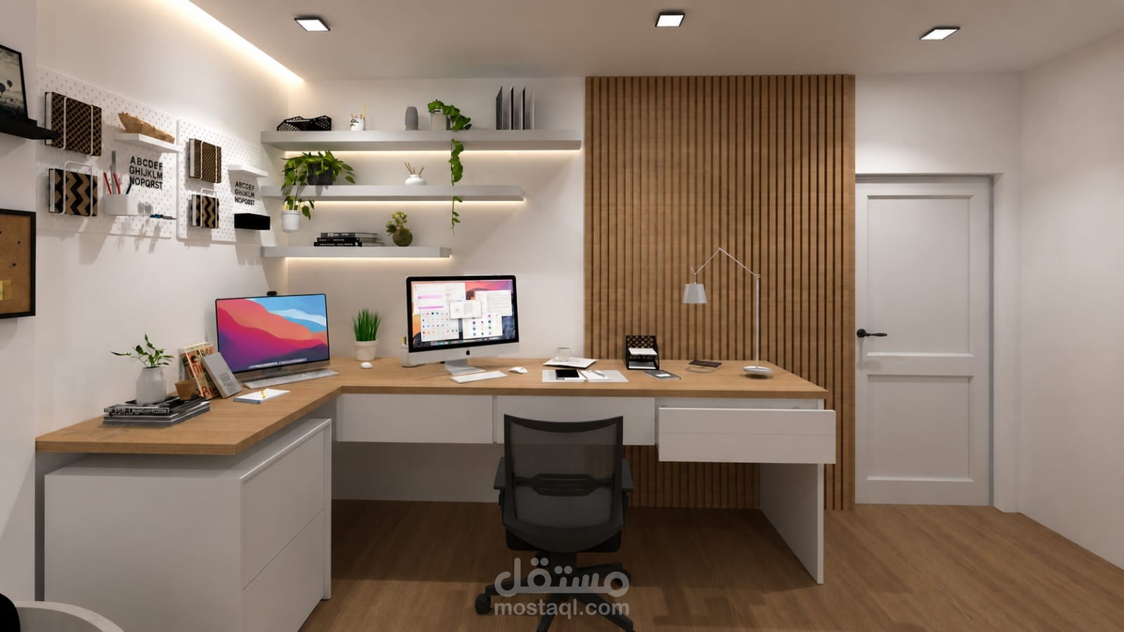"تصميم عصري ومتكامل لمكتب منزلي  يجمع بين الإنتاجية والراحة"