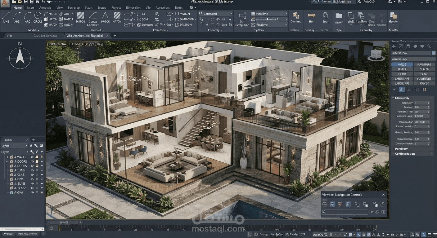 تصميم مخطط معماري متكامل لفيلا سكنية متعددة الطوابق