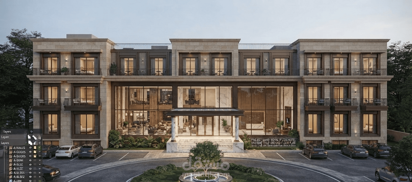 تصميم واجهة معمارية خارجية وعرض واقعي (Photorealistic Rendering) لفندق