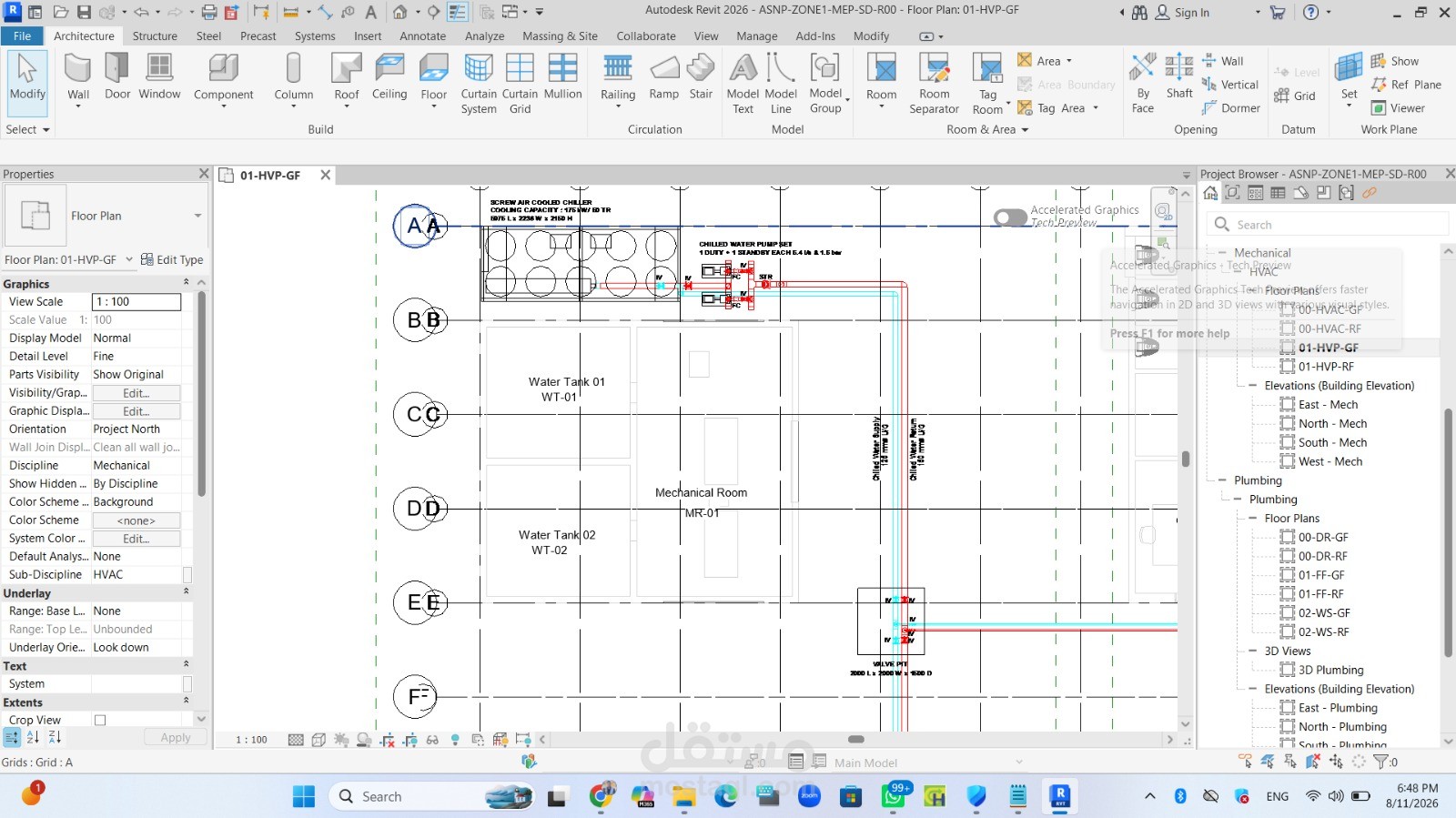 تصميم و نمذجة شبكة المياه المثلجة وغرفة المعدات الميكانيكية Chilled Water System Revit MEP HVAC