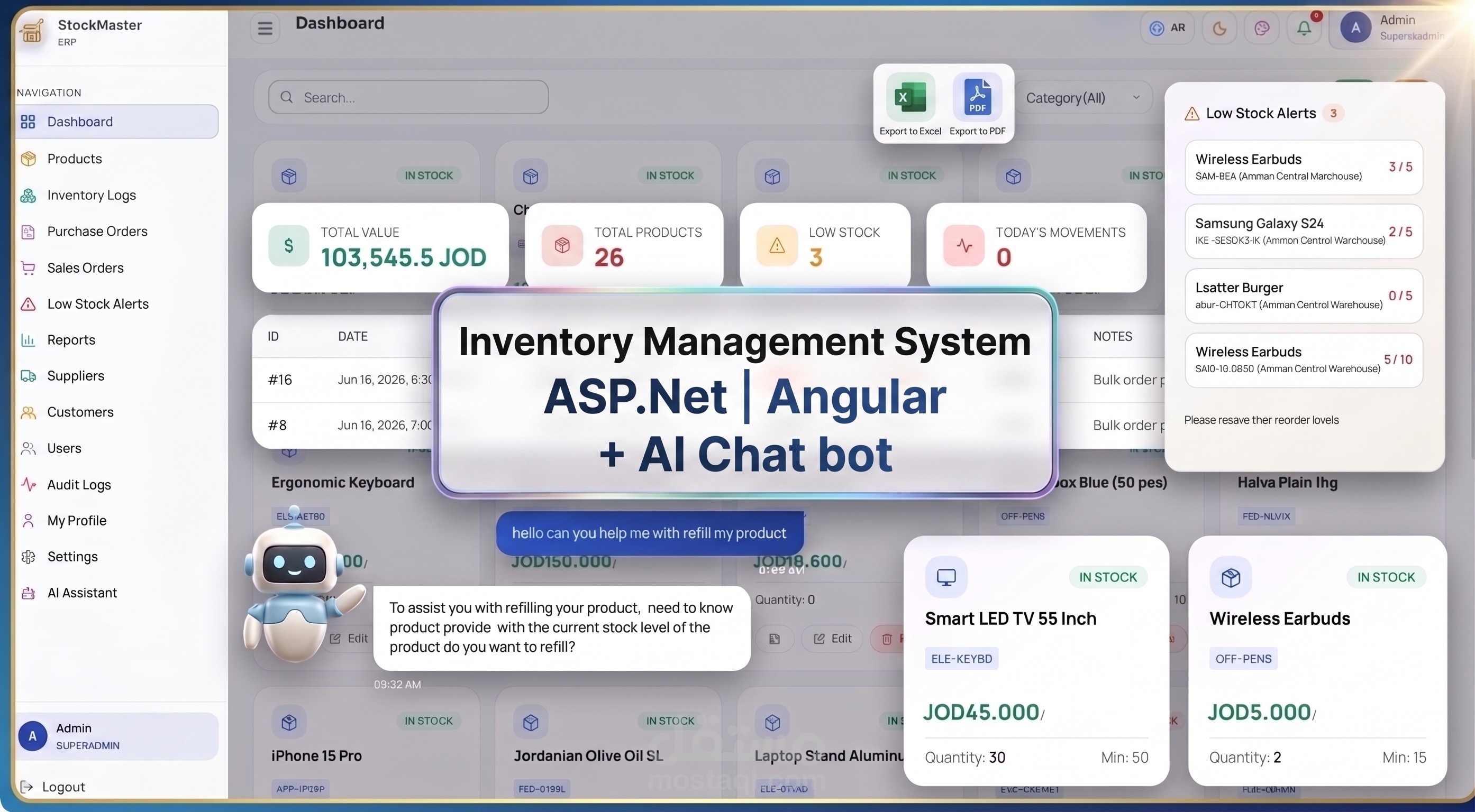 نظام إدارة مخزون  (Inventory Management System) ذكي بـ Angular و ASP.NE ولوحة تحكم ذكية + AI