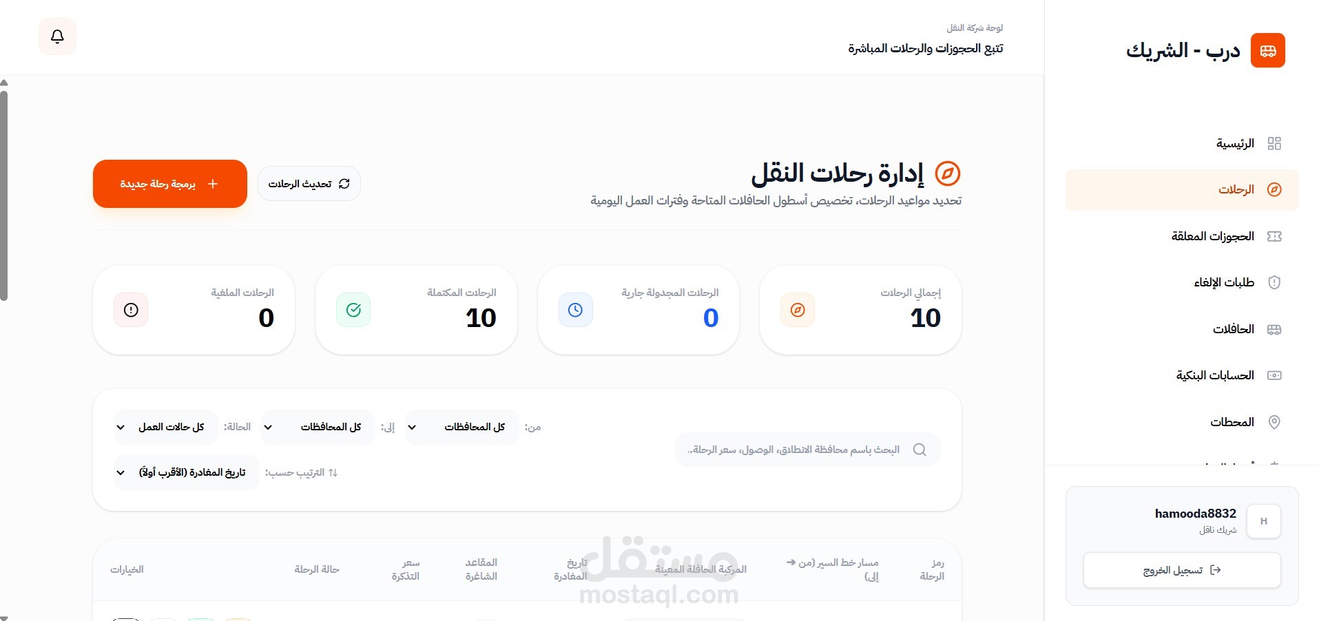 تطوير وتصميم لوحة تحكم المسؤول وشركات النقل – منصة درب لحجوزات النقل البري في اليمن